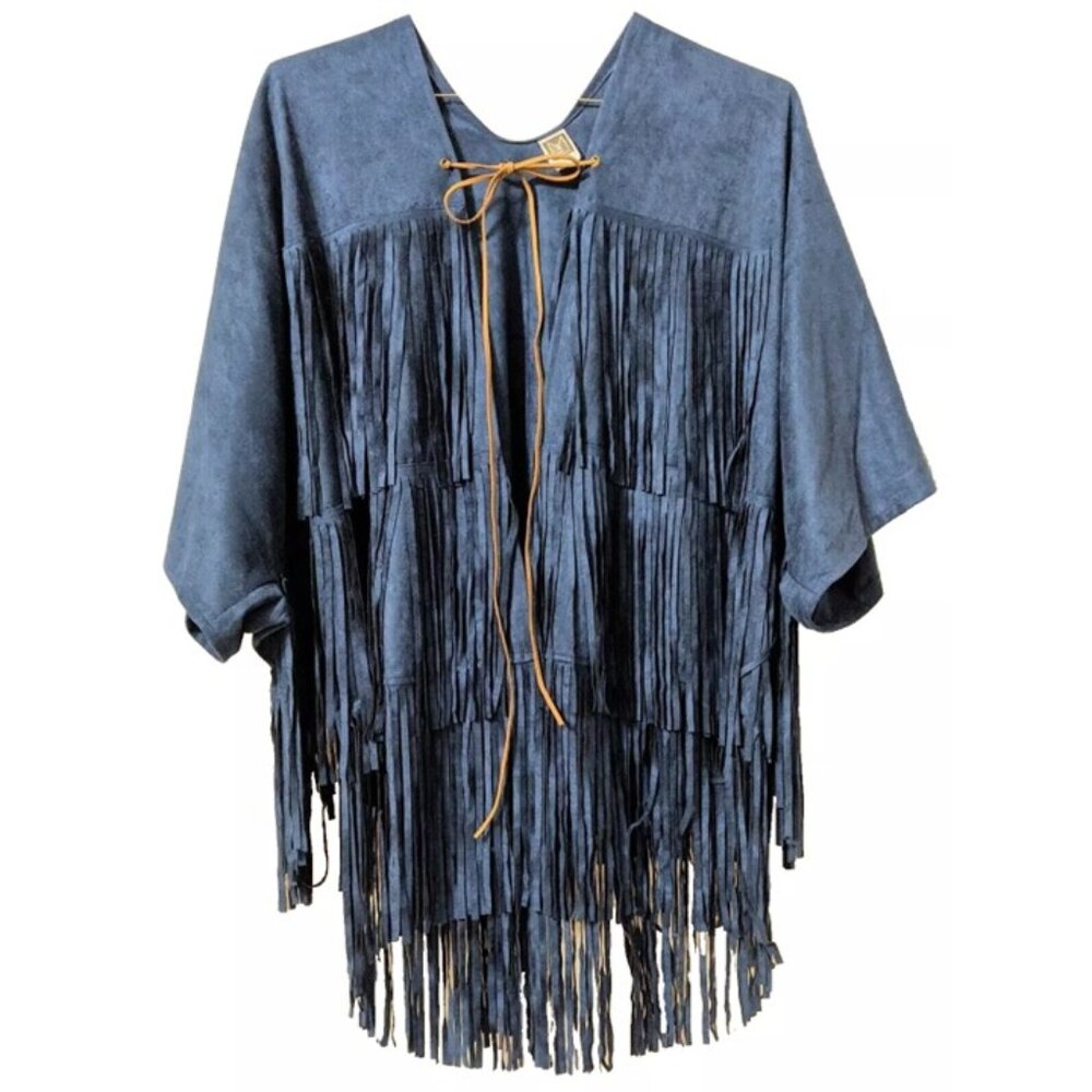 L'Amour Blue Faux Suede Fringe Jacket One Size Open Front Boho Western Rodeo